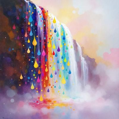 The primary subject of the image is a colorful waterfall with a variety of colors, including red, yellow, blue, and green. The waterfall is surrounded by a vibrant and lively scene, with a multitude of raindrops falling from the top of the waterfall. The setting is a natural environment, with the waterfall as the main focus. The visual style of the image is a combination of digital art and illustration, creating a dynamic and engaging scene. The colors and mood of the image are bright, cheerful, and energetic, reflecting the beauty and power of the waterfall.